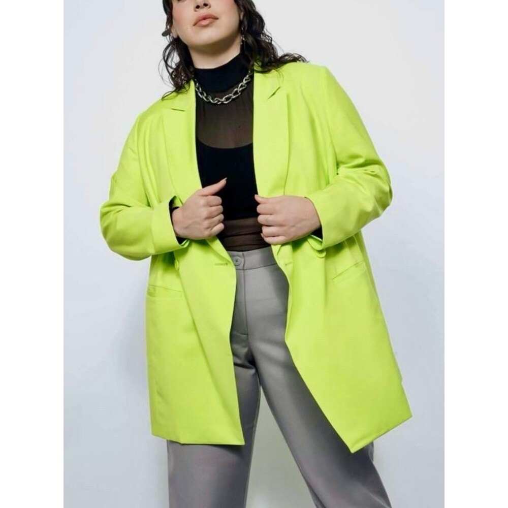 Wildfang The Empower Blazer Womens Neon Lime Green Double Breasted Long